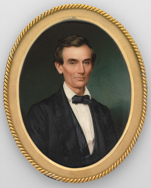 Miniature portrait of a young Abraham Lincoln wearing a dark coat and tie
